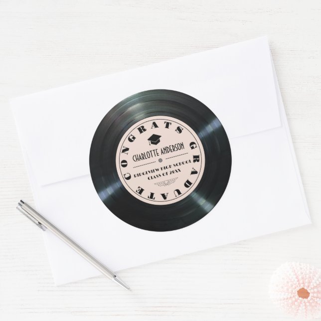 Retro Vinyl Record Pink Graduation Classic Round Sticker (Envelope)