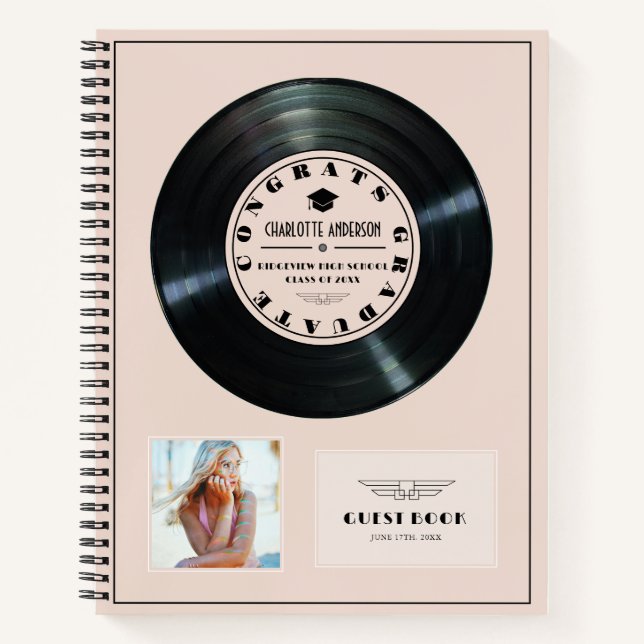 Retro Vinyl Record Pink Graduation Guest Book (Front)