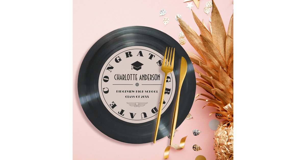 Retro Vinyl Record Pink Graduation Paper Plates | Zazzle