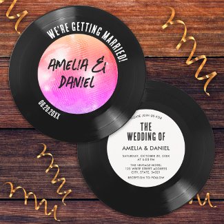 Retro Vinyl Record Pink Orange Disco Ball Wedding