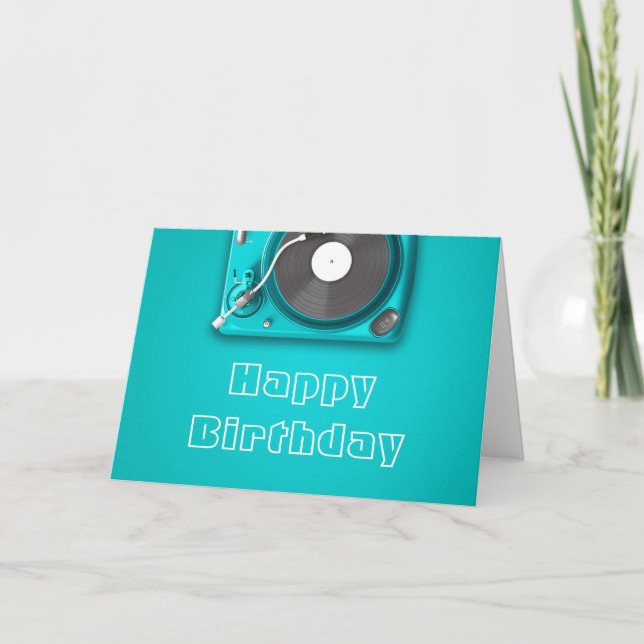 Retro vinyl record player music lover birthday card (Front)