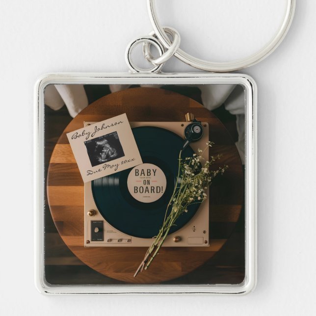 Retro Vinyl Record Player Pregnancy Announcement  Keychain (Front)