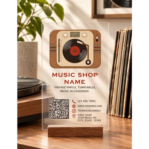 Retro Vinyl Record Player QR Code Clear Acrylic Business Cards