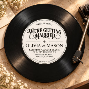 Retro Vinyl Record QR Code Black Ivory Wedding Invitation