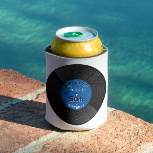 Retro Vinyl Record Rock N Roll Blue Birthday Can Cooler