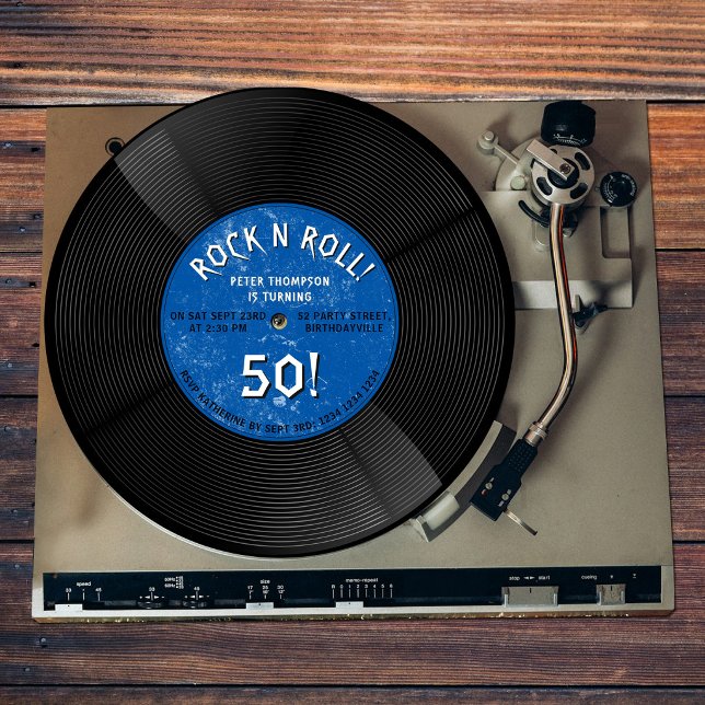 Retro Vinyl Record Rock N Roll Blue Birthday Invitation (Retro Vinyl Record Rock N Roll Blue Birthday Invitation)