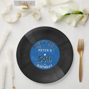 Retro Vinyl Record Rock N Roll Blue Birthday Paper Plates
