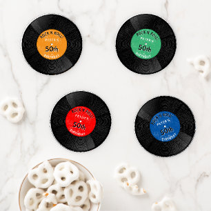Retro Vinyl Record Rock N Roll Colorful Birthday Coaster Set