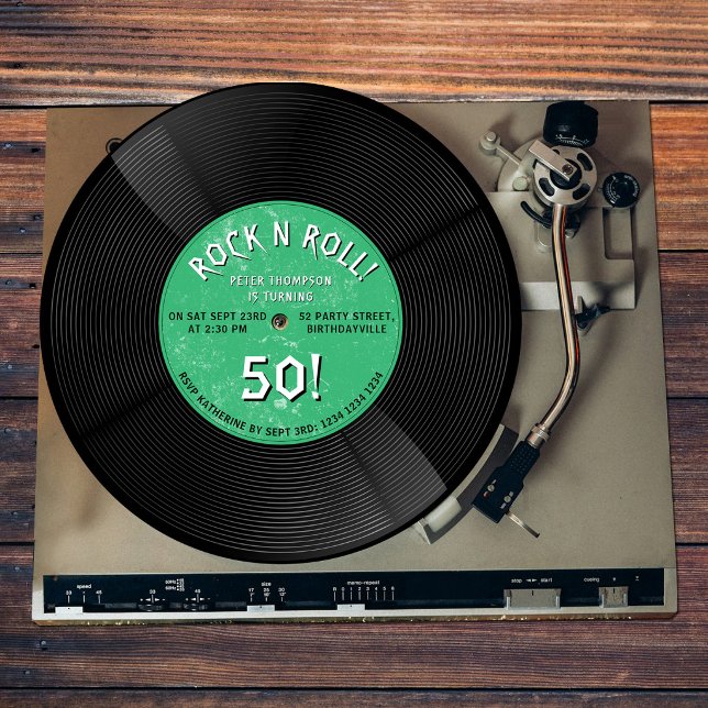 Retro Vinyl Record Rock N Roll Green Birthday Invitation (Retro Vinyl Record Rock N Roll Green Birthday Invitation)