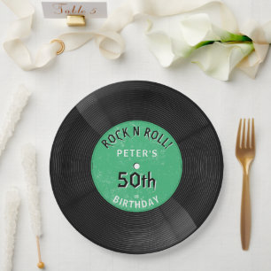 Retro Vinyl Record Rock N Roll Green Birthday Paper Plates