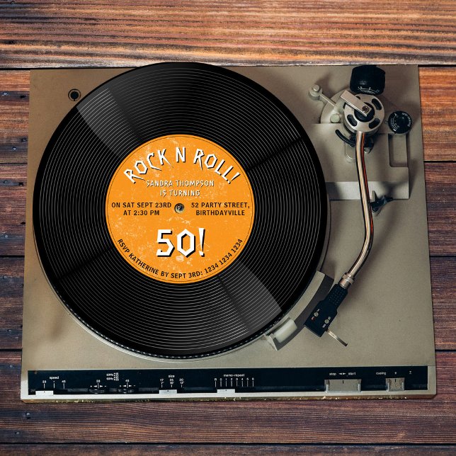 Retro Vinyl Record Rock N Roll Orange Birthday Invitation (Retro Vinyl Record Rock N Roll Orange Birthday Invitation)