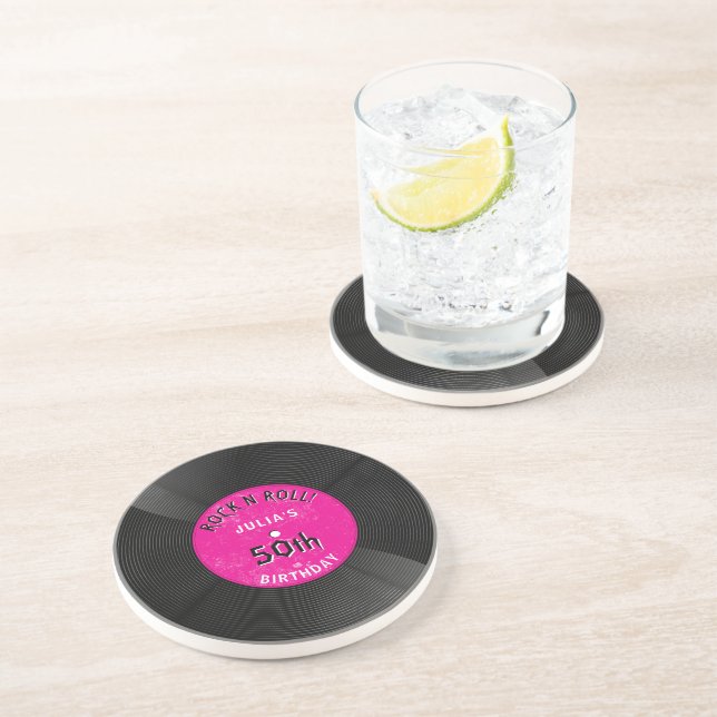 Retro Vinyl Record Rock N Roll Pink Birthday Coaster (Side)