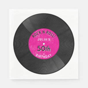 Retro Vinyl Record Rock N Roll Pink Birthday Napkins