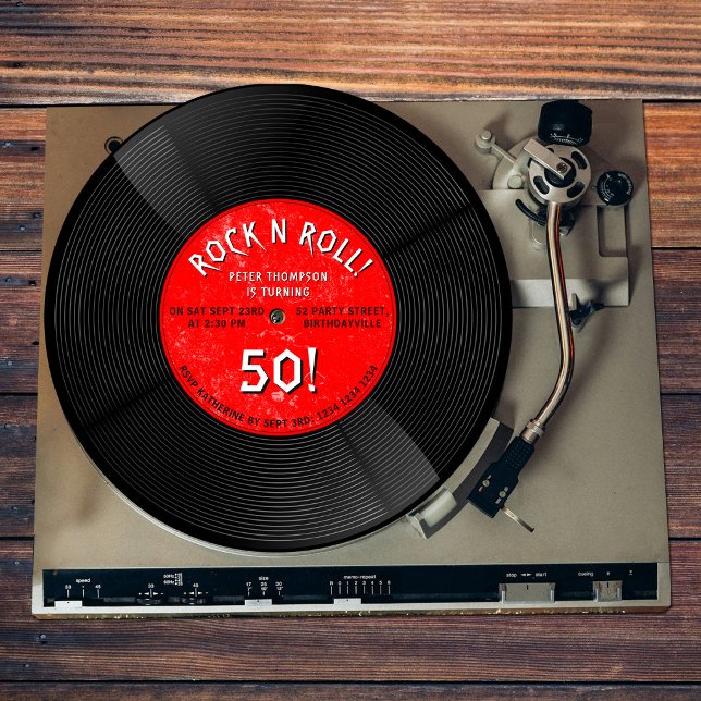 Retro Vinyl Record Rock N Roll Red Birthday Invitation (Retro Vinyl Record Rock N Roll Red Birthday Invitation)