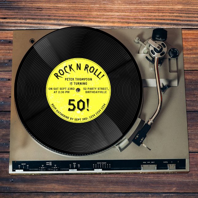 Retro Vinyl Record Rock N Roll Yellow Birthday Invitation (Retro Vinyl Record Rock N Roll Yellow Birthday Invitation)