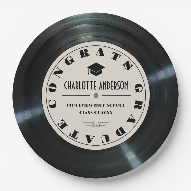 Retro Vinyl Record Tan Graduation Paper Plates (Front)