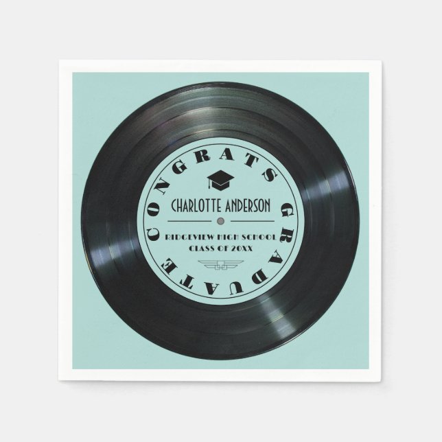 Retro Vinyl Record Turquoise Graduation Napkins (Front)