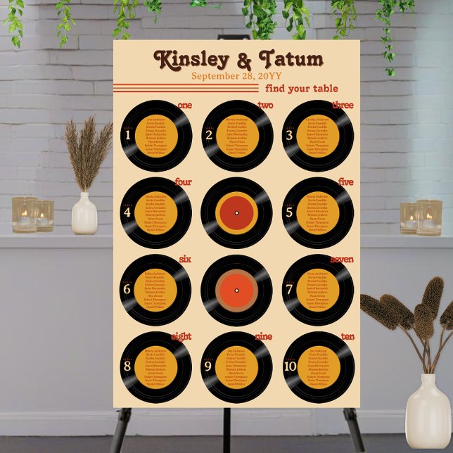 Retro Vinyl Record Wedding 10 Table Seating Chart Foam Board (Groovy vinyl record 10 table foam core wedding seating chart sign.)