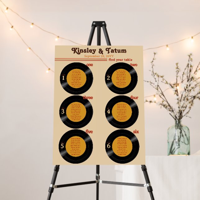 Retro Vinyl Record Wedding 6 Table Seating Chart Foam Board (In Situ (Stand))