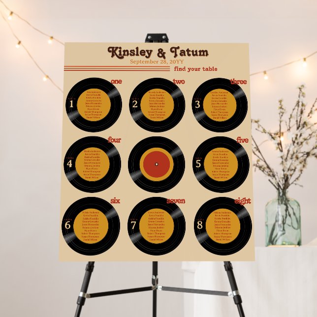 Retro Vinyl Record Wedding 8 Table Seating Chart Foam Board (In Situ (Stand))