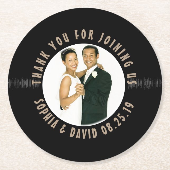 Retro Vinyl Record Wedding Favor Photo Thank You Round Paper Coaster (Front)