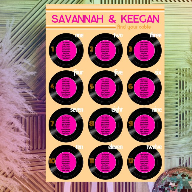 Retro Vinyl Record Wedding Orange Seating Chart Foam Board (12 table vinyl record seating chart in orange with hot pink accents. Disco vibes.)