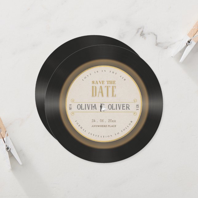 Retro vinyl record wedding save the date invitation (Front/Back In Situ)