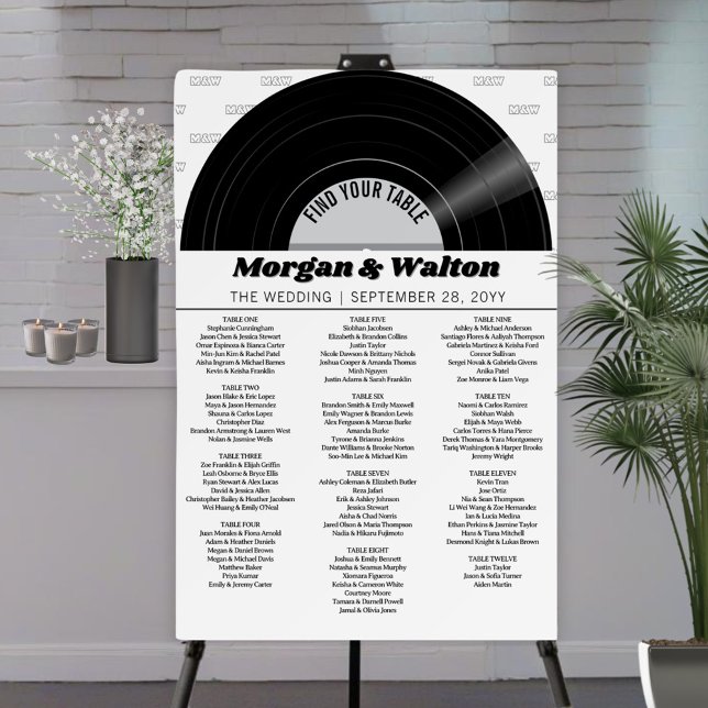 Retro Vinyl Record Wedding Seating Chart Foam Board (Retro vinyl record seating chart. Foam core seating plan sign in black, white, and gray.)