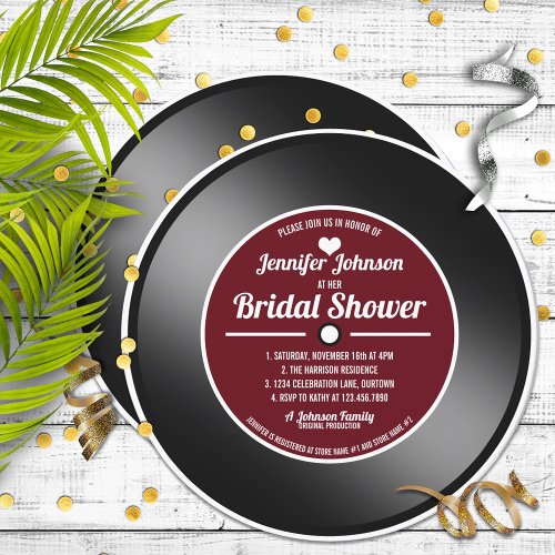 Retro Vinyl Record Wine Red Bridal Shower  Invitation