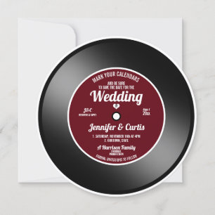 Retro Vinyl Record Wine Red Wedding Save the Date Invitation