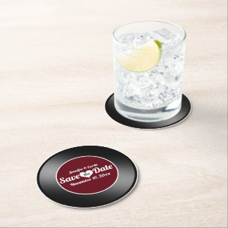 Retro Vinyl Record Wine Red Wedding Save the Date Round Paper Coaster