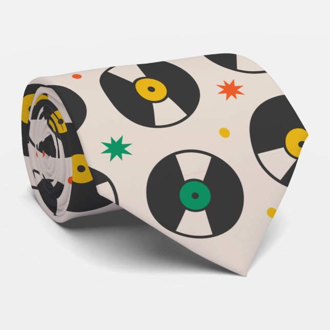 retro vinyl records pattern neck tie (Rolled)