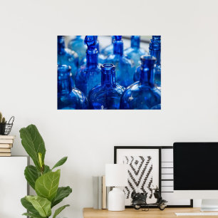 Retro Vivid Blue Glass Bottles In the Window Wall Poster