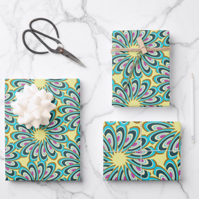 Retro Vortex Petal Burst Pattern Wrapping Paper Sheets (Front)