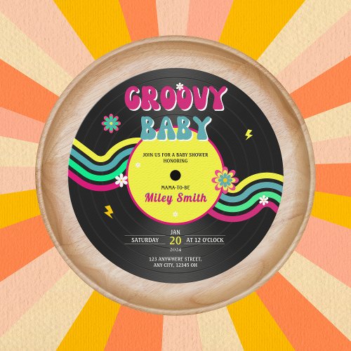 Retro Vynil Record Groovy Baby Shower 80s Neon Invitation