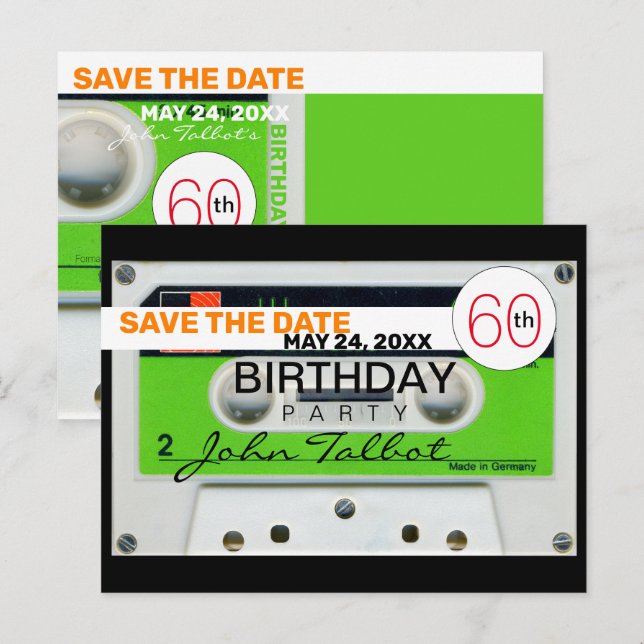 Retro W Audiotape 60th birthday Save The Date HHPC Holiday Postcard (Front/Back)