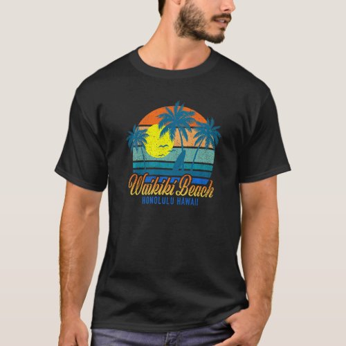 Retro Waikiki Beach Honolulu Hawaii Summer Beach V T_Shirt