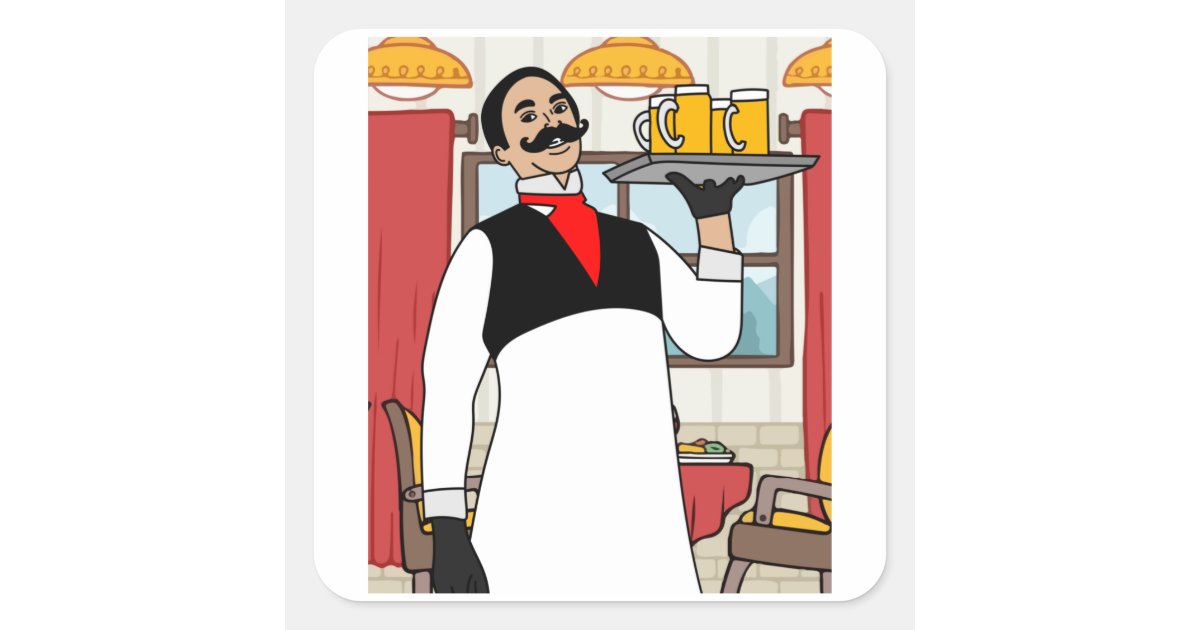 Retro Waiter Bartender With Drinks Square Sticker | Zazzle