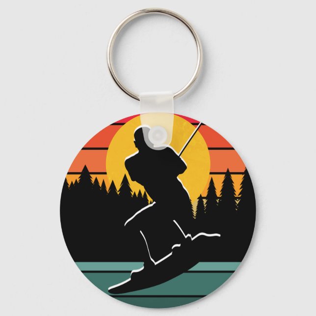 Retro Wakeboard Water Ski Surfing Silhouette Keychain (Front)