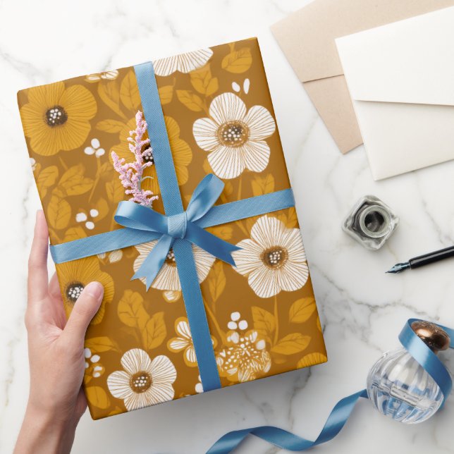Retro Warm Tone Flower Mustard Floral Pattern Wrapping Paper (Gifting)
