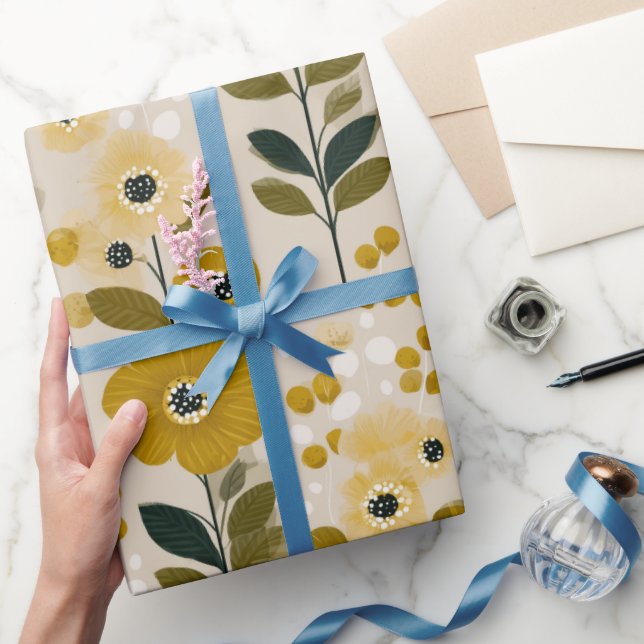 Retro Warm Tone Flower Mustard Floral Pattern Wrapping Paper (Gifting)