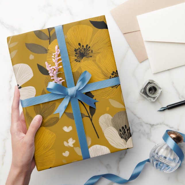 Retro Warm Tone Flower Mustard Floral Pattern Wrapping Paper (Gifting)