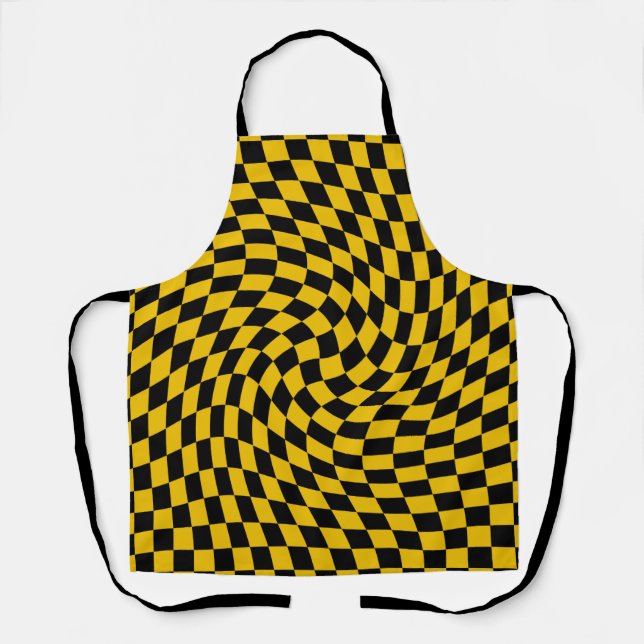 Retro Warped Black Yellow Checks Checkered  Apron (Front)