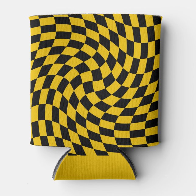 Retro Warped Black Yellow Checks Checkered  Can Cooler (Front)