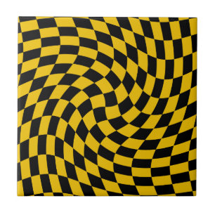 Retro Warped Black Yellow Checks Checkered  Ceramic Tile