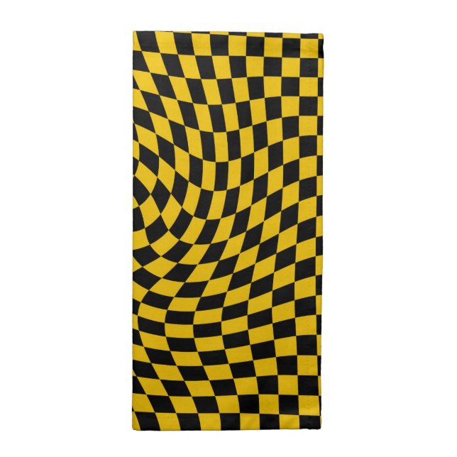 Retro Warped Black Yellow Checks Checkered   Cloth Napkin (Half Fold)