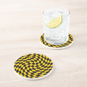 Retro Warped Black Yellow Checks Checkered Coaster