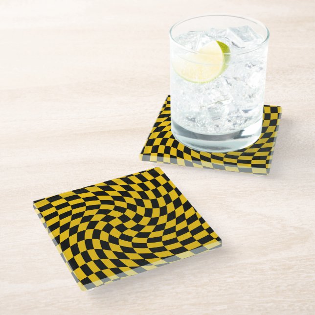 Retro Warped Black Yellow Checks Checkered Glass Coaster (Angled)