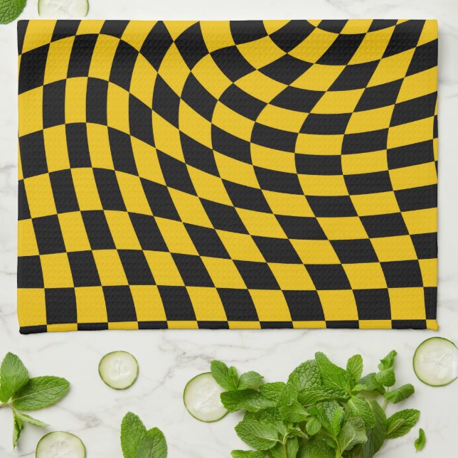 Retro Warped Black Yellow Checks Checkered  Kitchen Towel (Folded)