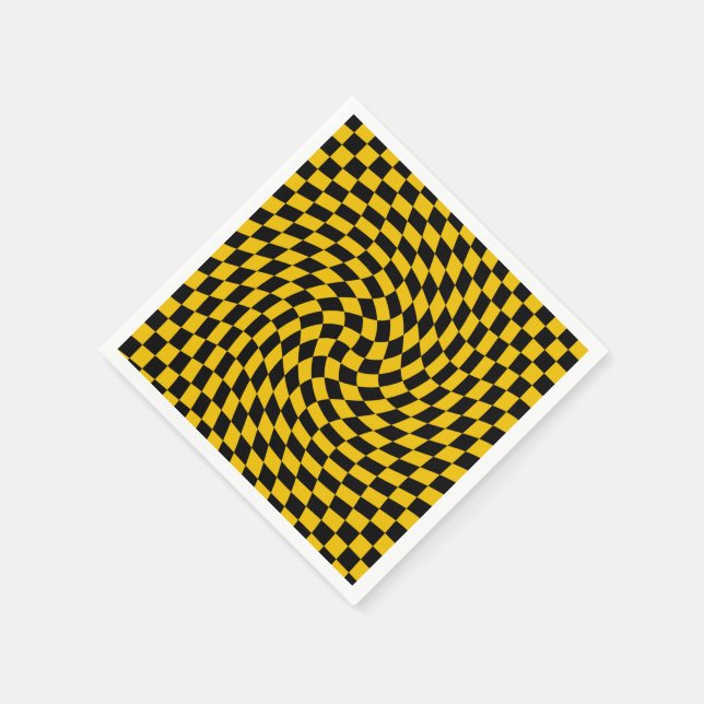 Retro Warped Black Yellow Checks Checkered  Napkins (Corner)